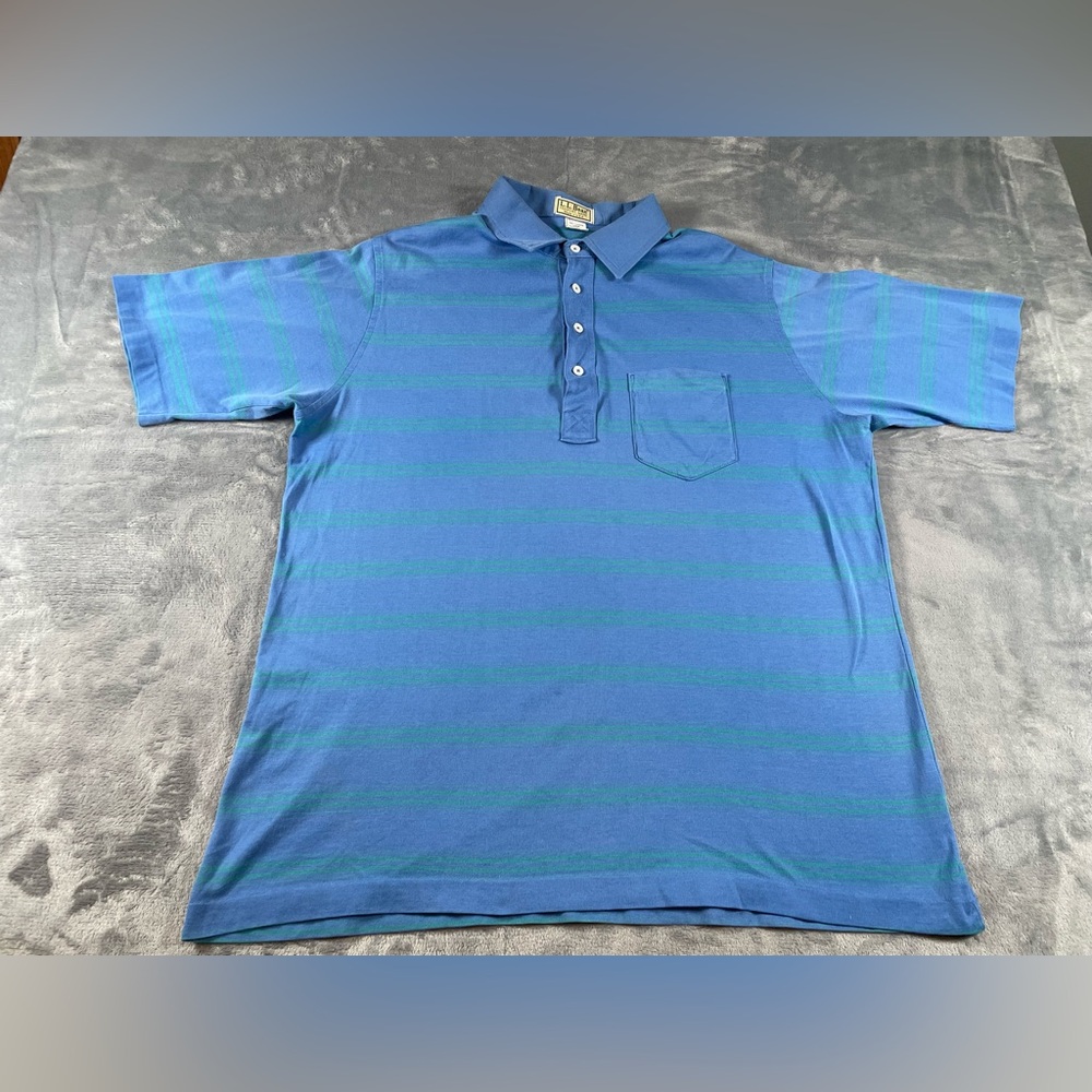 Vintage LL Bean Polo Shirt Mens XL Blue Green Striped Retro Button Pocket